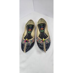Handmade Women's Khussa Jutti Flats Black Multicolor Embellished Pom Pom Size 9